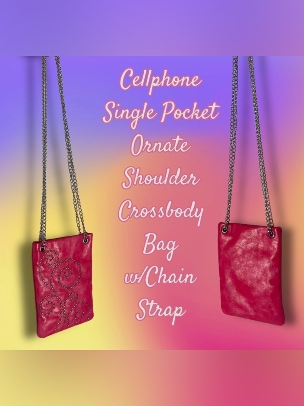 Studded Single Pocket Ornate Shoulder Crossbody Bag Chain Strap Hot Coral Pink